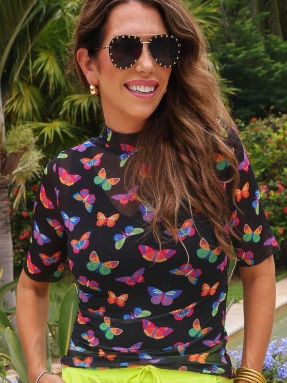 Black Short-Sleeve Butterfly Print Top